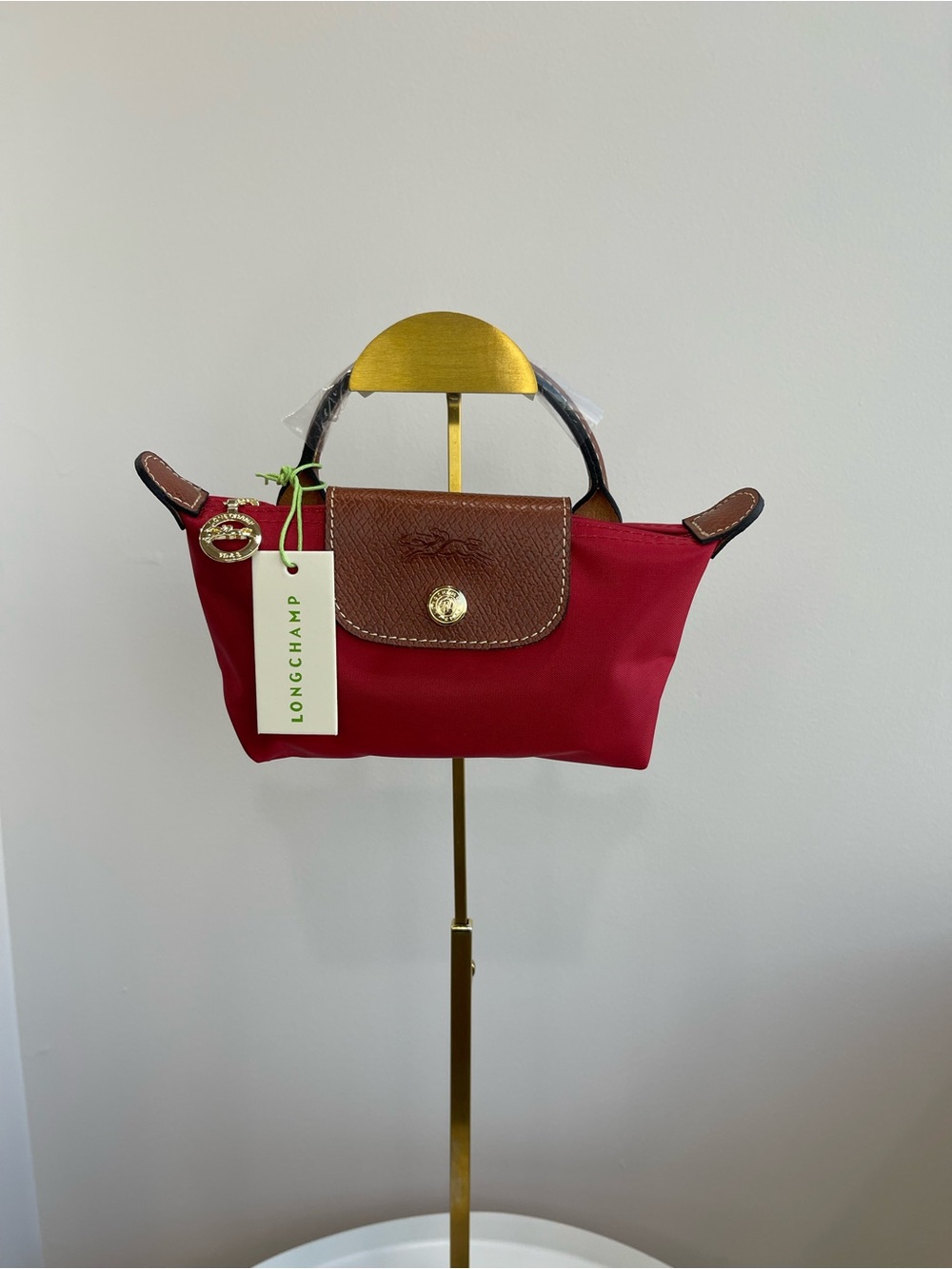 Top-Handle Mini Bag in Red with Brown Trim